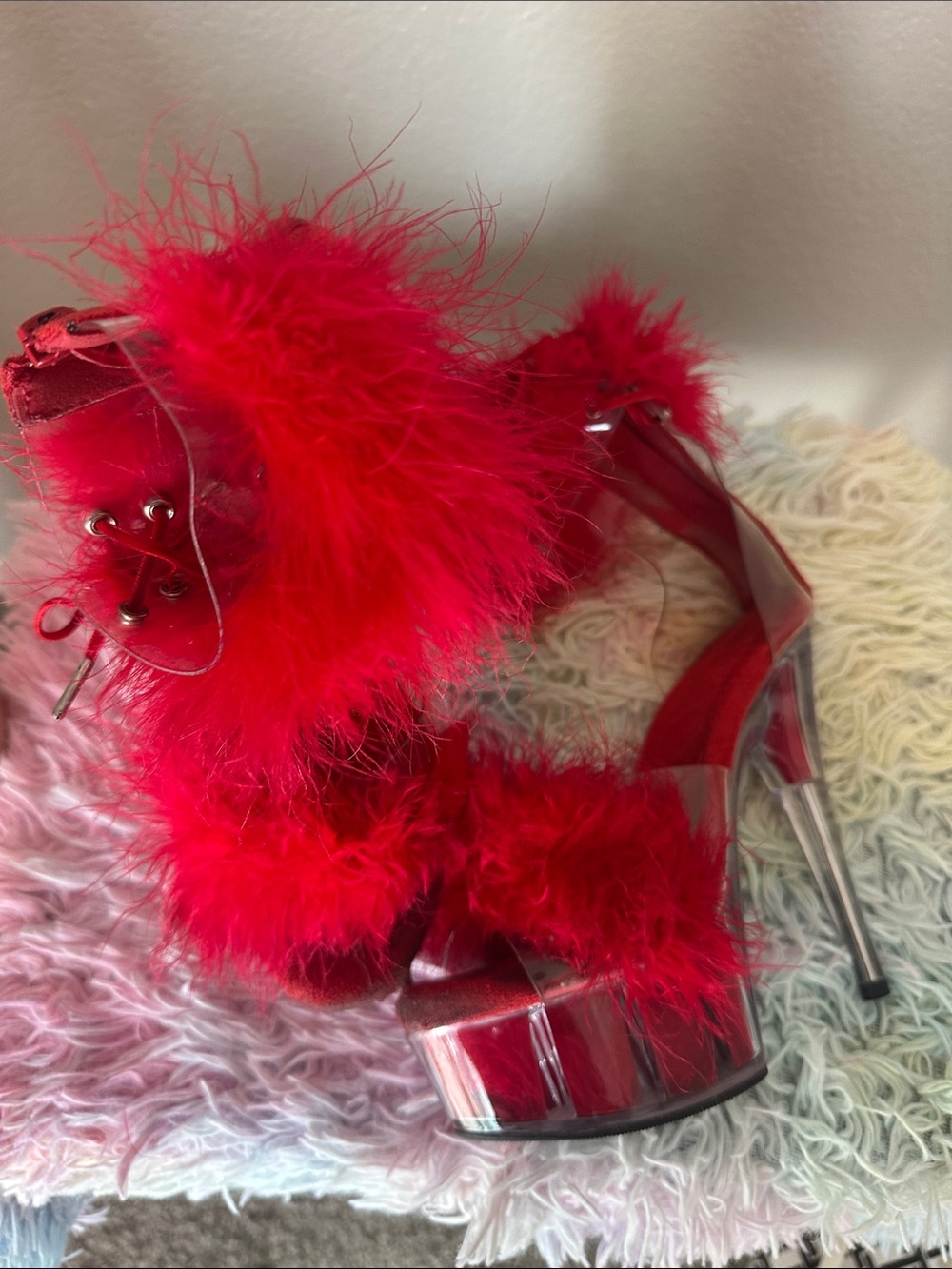 PLEASER Fuzzy Faux Fur Red 6” Size 7 Stripper Exotic Dancer Heels